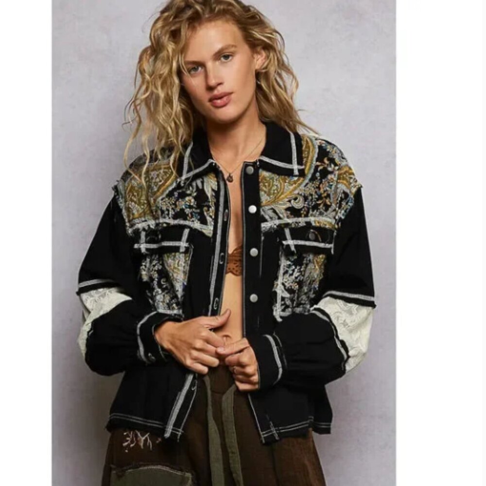 POL Printed Woven Mix Raw Hem Shacket with Embroidery and Lace Detail S,M,L